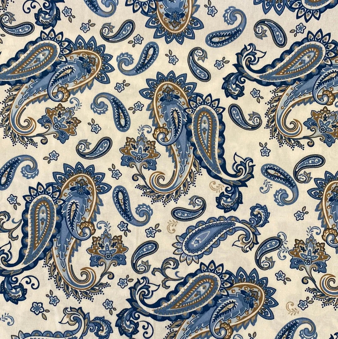 100% Cotton Poplin  - Paisley - Ivory/Blue - Sold by Half Metre