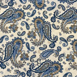 100% Cotton Poplin  - Paisley - Ivory/Blue - Sold by Half Metre