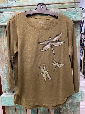 3/4 Sleeve Hi-Low Slub Tee Dragonflies in Olive by Escape