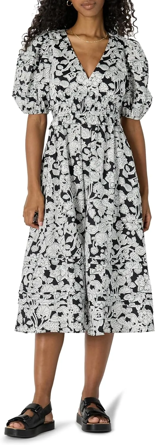 Amazon Essentials Women's Regular-Fit Cotton Sateen Puff Sleeve Midi Dress