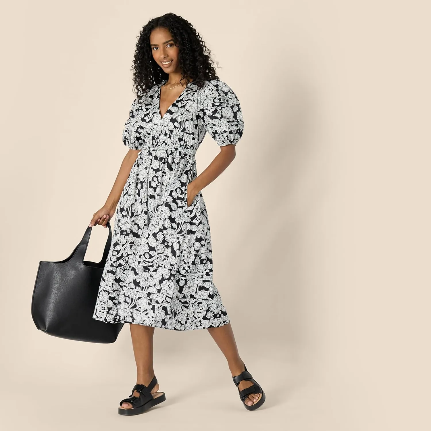 Amazon Essentials Women's Regular-Fit Cotton Sateen Puff Sleeve Midi Dress