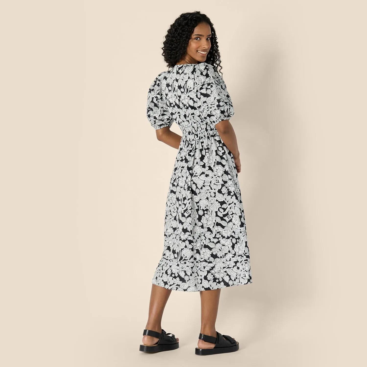 Amazon Essentials Women's Regular-Fit Cotton Sateen Puff Sleeve Midi Dress
