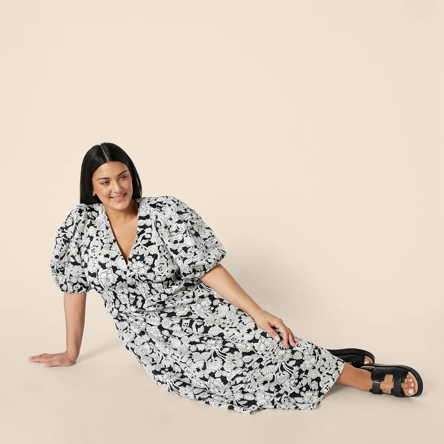 Amazon Essentials Women's Regular-Fit Cotton Sateen Puff Sleeve Midi Dress