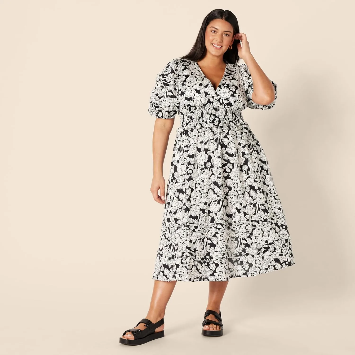 Amazon Essentials Women's Regular-Fit Cotton Sateen Puff Sleeve Midi Dress