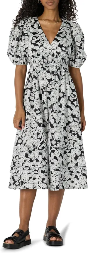 Amazon Essentials Women's Regular-Fit Cotton Sateen Puff Sleeve Midi Dress