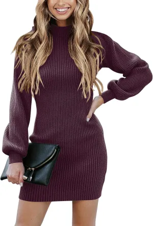 ANRABESS Women Long Sleeve Turtle Mock Neck Rib Knit Stretch Slim Fitted Bodycon Sweater Mini Short Dress 2025 Fall Outfits