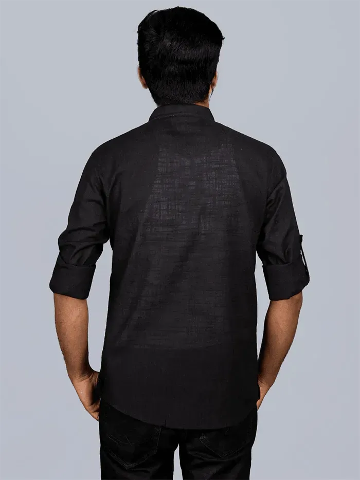 Black Handwoven Cotton Slab Men Short Kurta