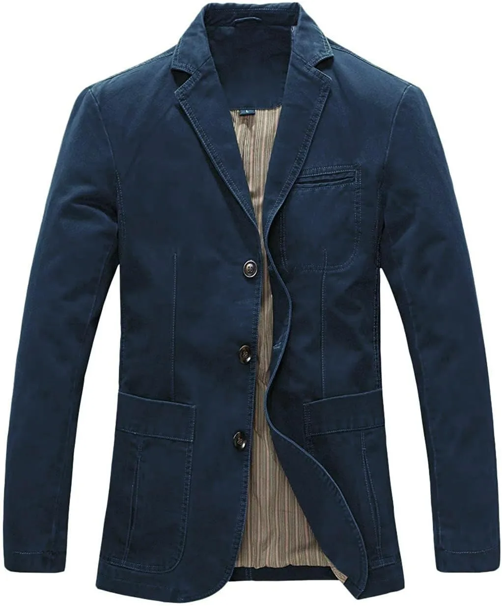 chouyatou Men's Casual Three-Button Stripe Lined Cotton Twill Suit Jacket