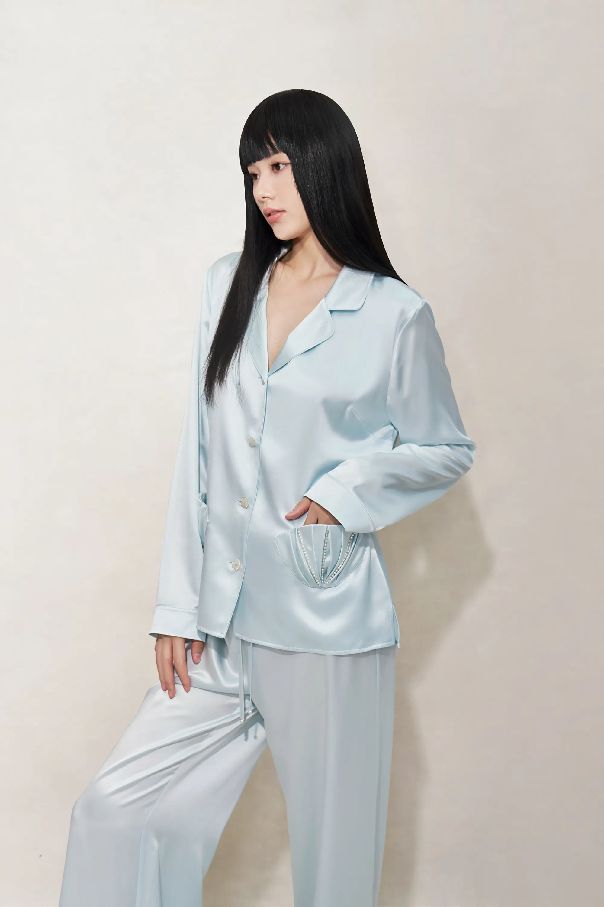 Clear Blue Shell Silk Pyjamas Set