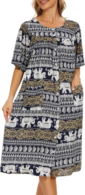 COSUNIONY House Dresses for Women Cotton Short Sleeve House Coat Buttons Down Dusters Robe with Pockets S-XXL