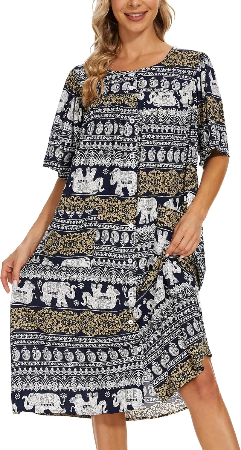 COSUNIONY House Dresses for Women Cotton Short Sleeve House Coat Buttons Down Dusters Robe with Pockets S-XXL