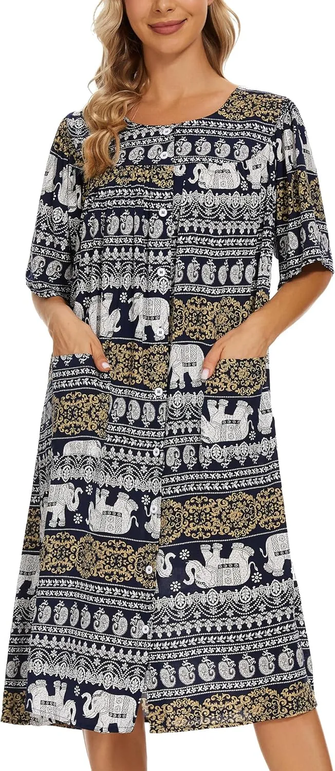 COSUNIONY House Dresses for Women Cotton Short Sleeve House Coat Buttons Down Dusters Robe with Pockets S-XXL