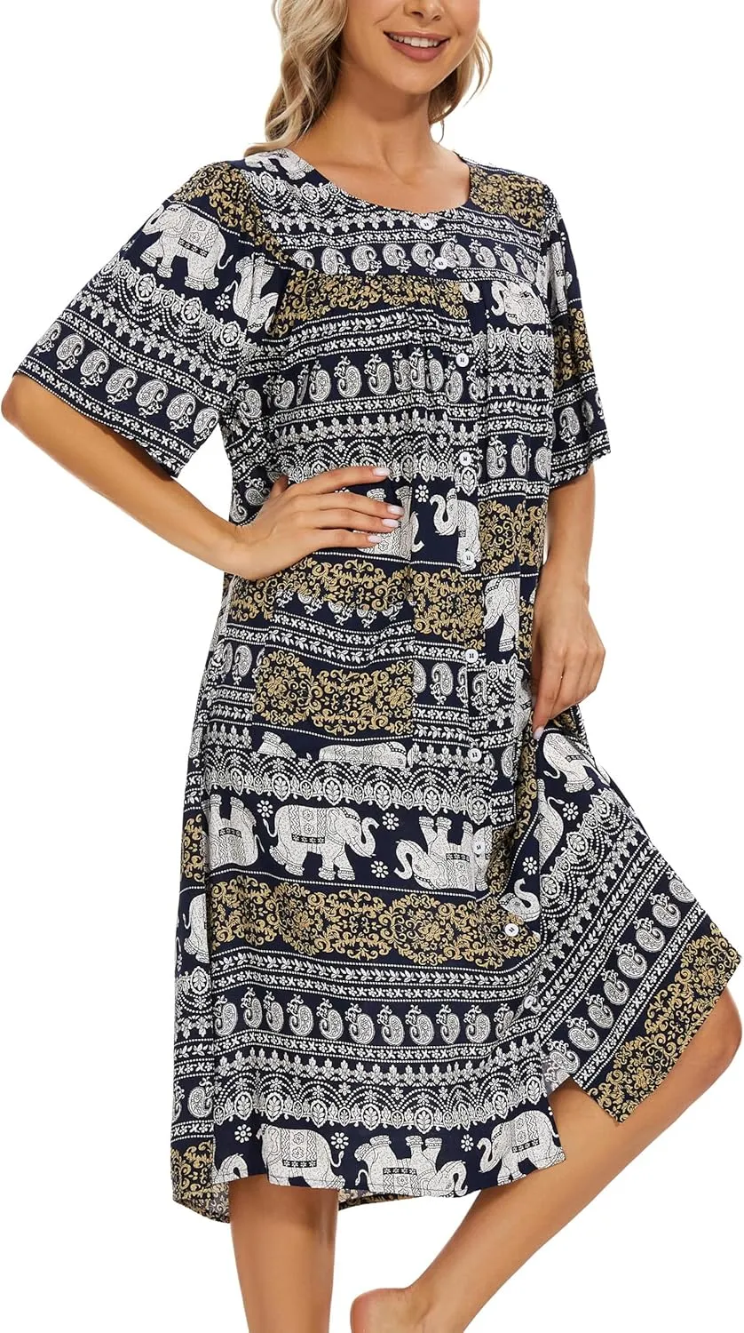 COSUNIONY House Dresses for Women Cotton Short Sleeve House Coat Buttons Down Dusters Robe with Pockets S-XXL