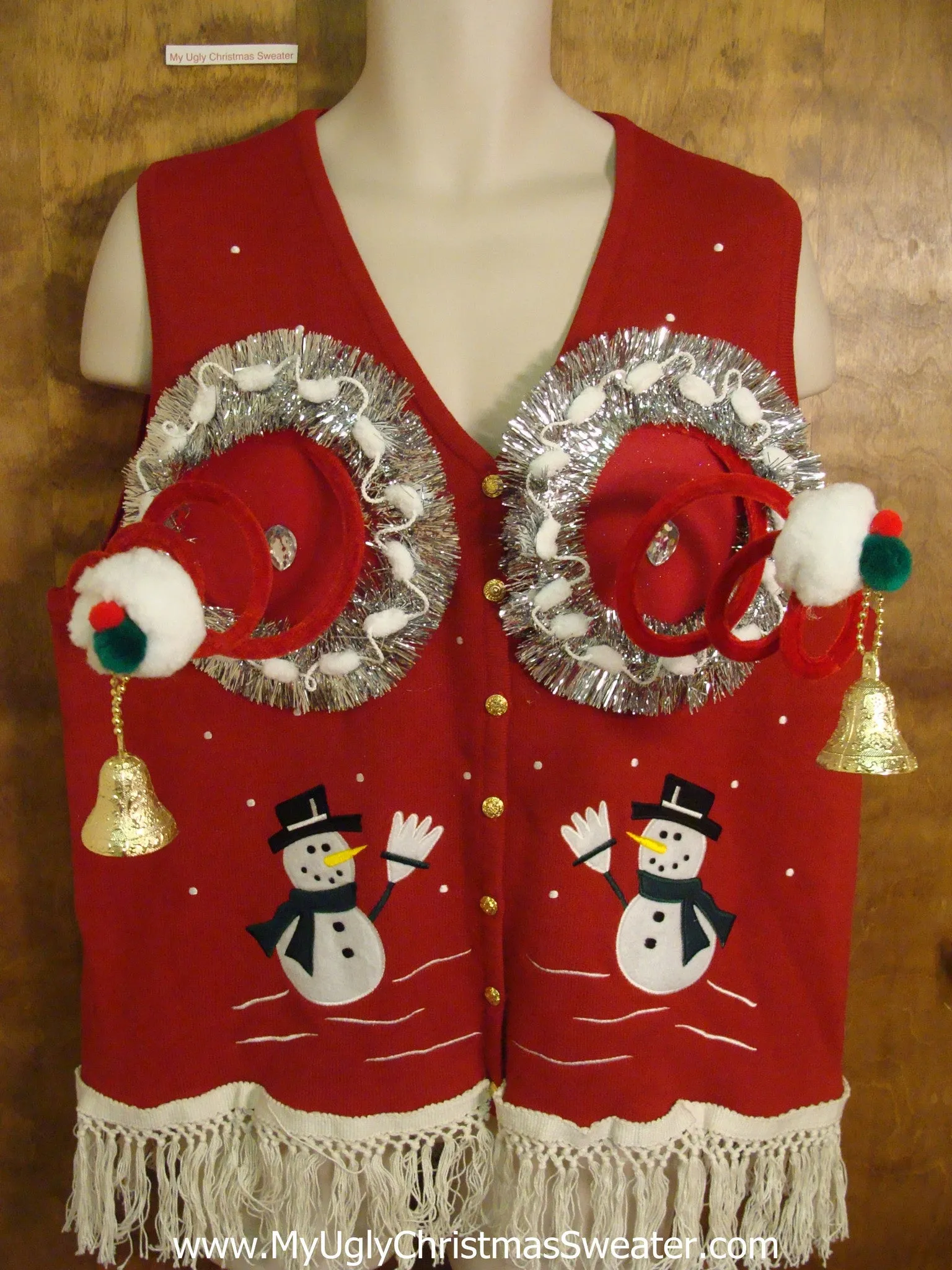 Cute Snowmen and Horrible Fringe Naughty Ugly Christmas Sweater Vest
