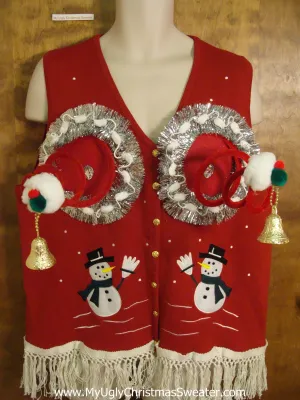 Cute Snowmen and Horrible Fringe Naughty Ugly Christmas Sweater Vest