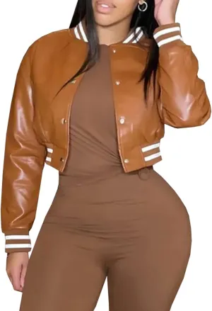 CXINS Women Crop Bomber Jacket Oversized Varsity Button Down Baseball Faux Leather Jacket Coat PU Outwear Vintage Streetwear