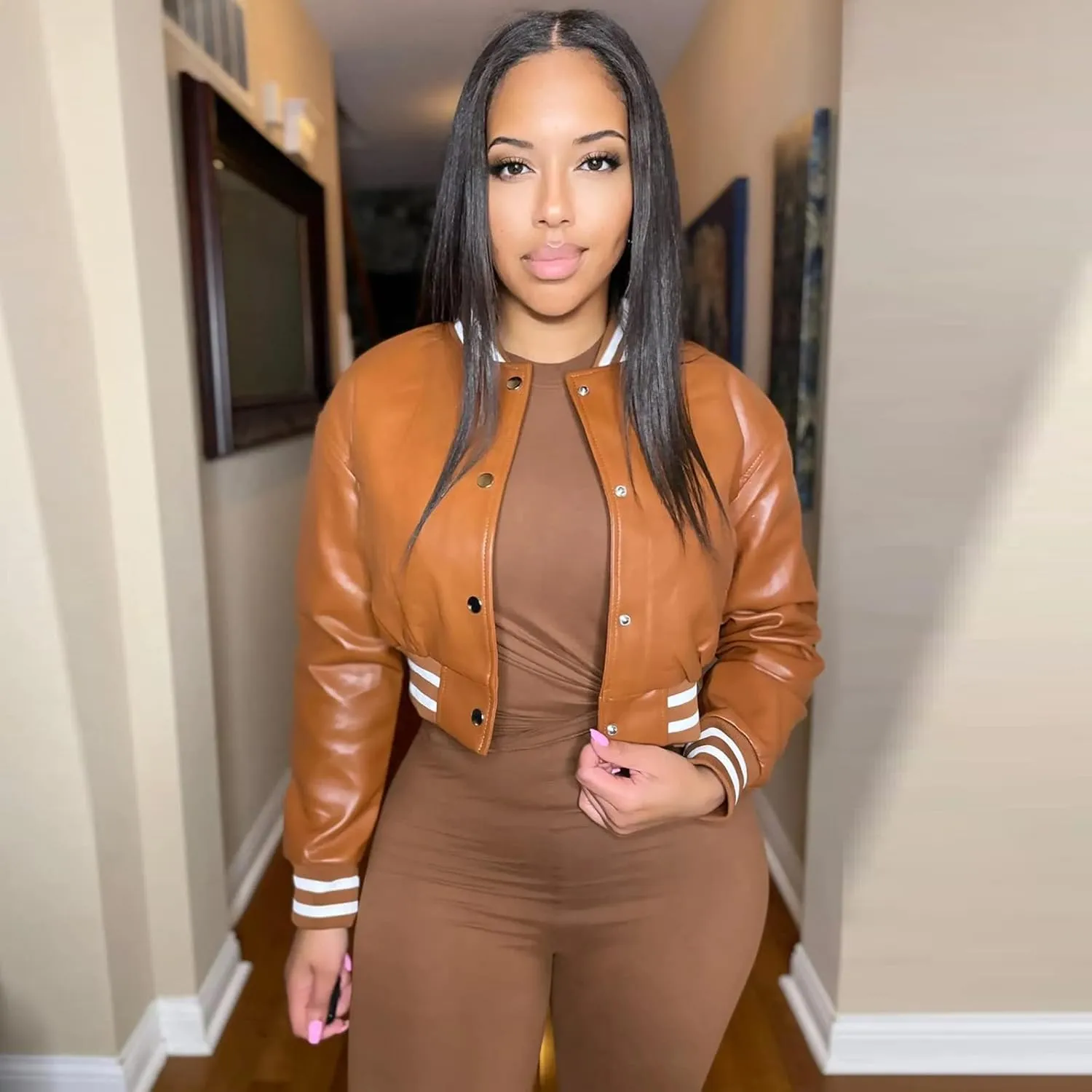CXINS Women Crop Bomber Jacket Oversized Varsity Button Down Baseball Faux Leather Jacket Coat PU Outwear Vintage Streetwear
