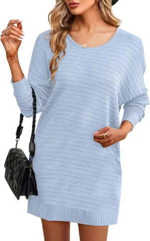 Dokotoo Womens Sweater Dresses 2024 Trendy Casual Crew Neck Long Sleeve Textured Pullover Knit Dress