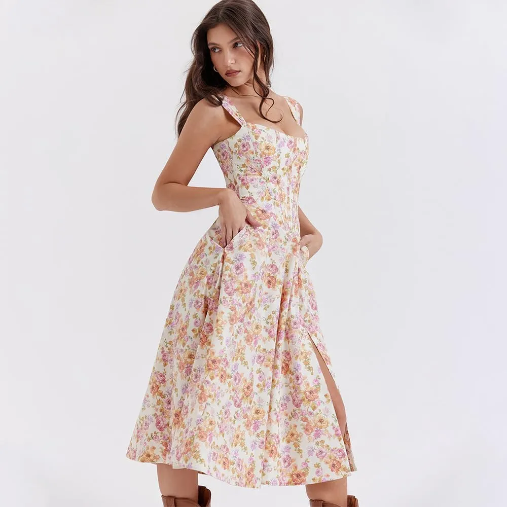 Dresses Flowy Slit Casual Sundress Women's Off The Shoulder Floral Midi Corset Dress Elegant Lace Up Party Going Out