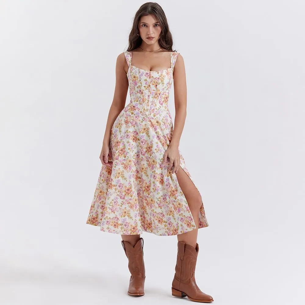 Dresses Flowy Slit Casual Sundress Women's Off The Shoulder Floral Midi Corset Dress Elegant Lace Up Party Going Out