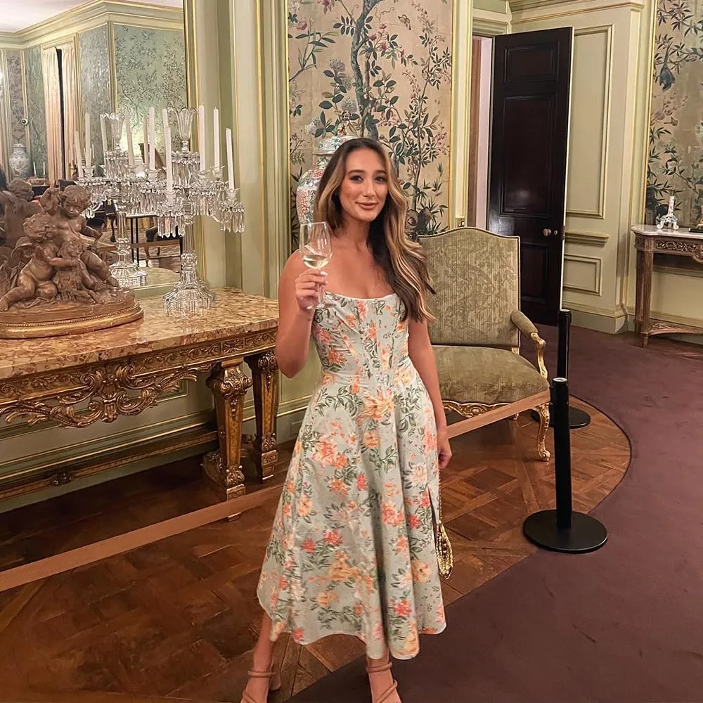 Dresses Flowy Slit Casual Sundress Women's Off The Shoulder Floral Midi Corset Dress Elegant Lace Up Party Going Out