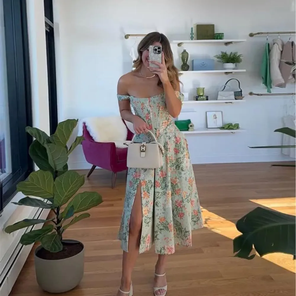 Dresses Flowy Slit Casual Sundress Women's Off The Shoulder Floral Midi Corset Dress Elegant Lace Up Party Going Out