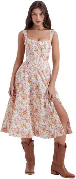 Dresses Flowy Slit Casual Sundress Women's Off The Shoulder Floral Midi Corset Dress Elegant Lace Up Party Going Out