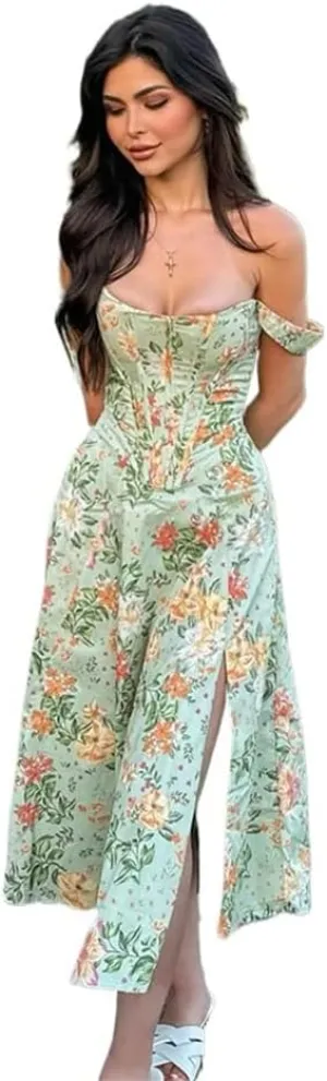 Dresses Flowy Slit Casual Sundress Women's Off The Shoulder Floral Midi Corset Dress Elegant Lace Up Party Going Out