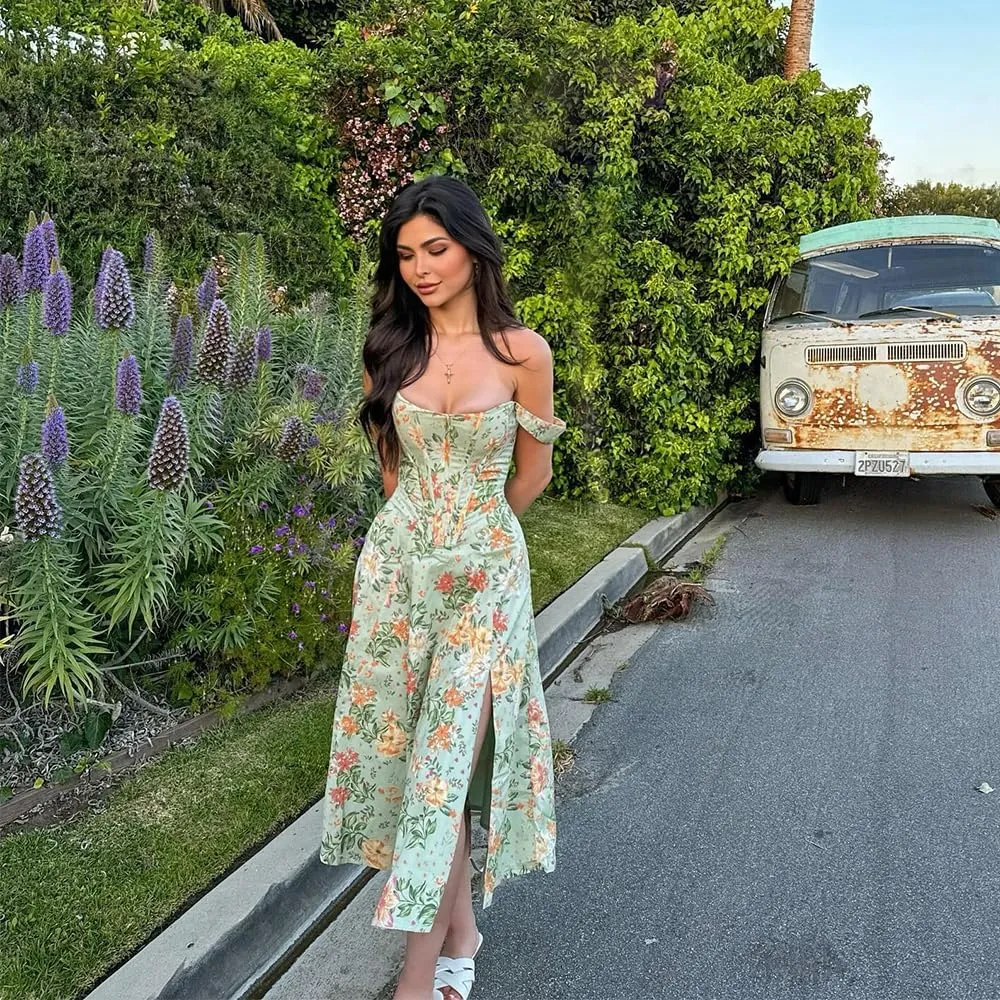 Dresses Flowy Slit Casual Sundress Women's Off The Shoulder Floral Midi Corset Dress Elegant Lace Up Party Going Out