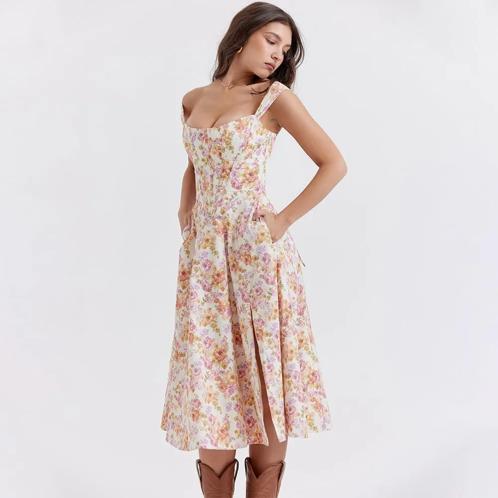 Dresses Flowy Slit Casual Sundress Women's Off The Shoulder Floral Midi Corset Dress Elegant Lace Up Party Going Out