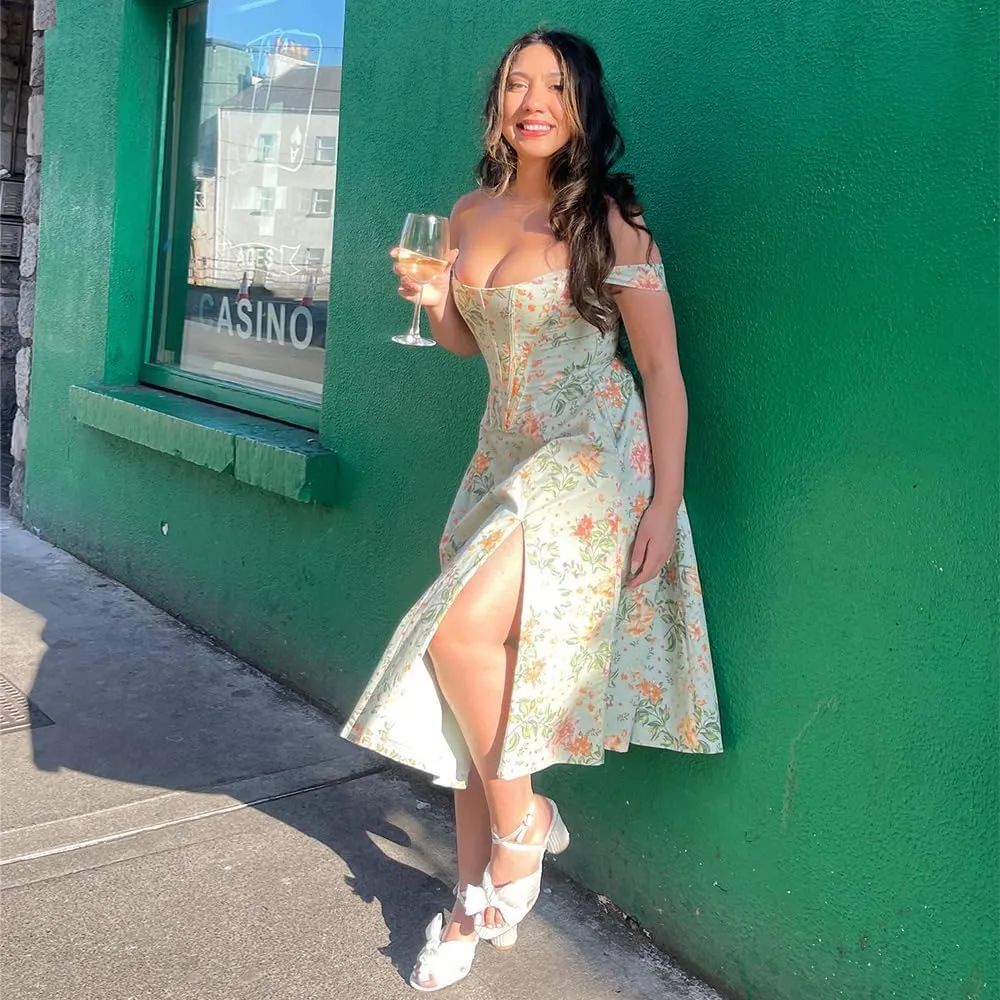 Dresses Flowy Slit Casual Sundress Women's Off The Shoulder Floral Midi Corset Dress Elegant Lace Up Party Going Out