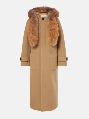 Faux fur-trimmed wool coat