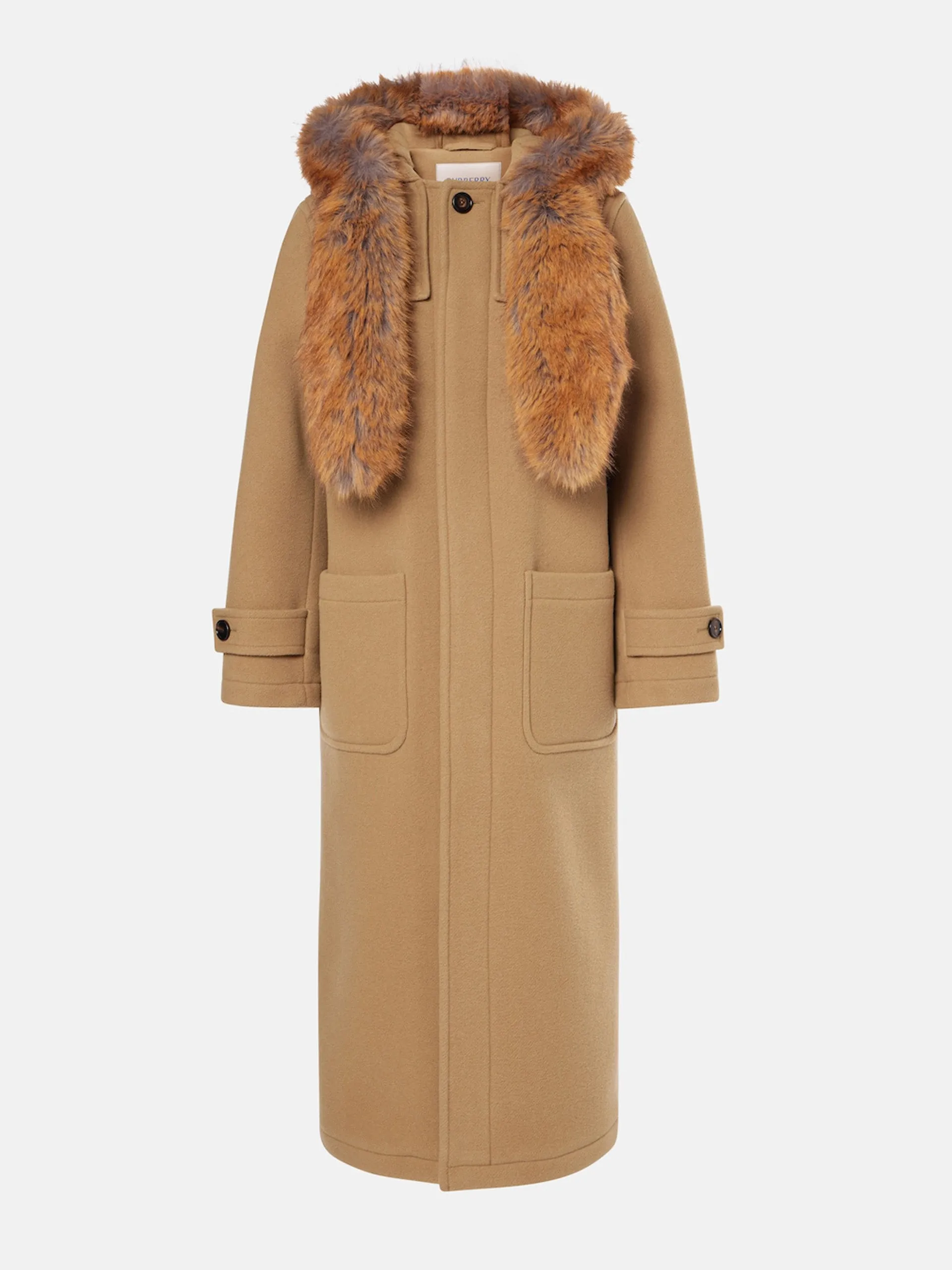 Faux fur-trimmed wool coat