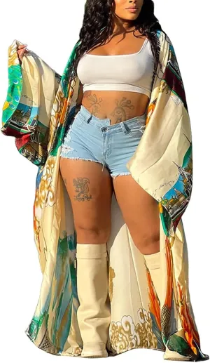 Floral Kimonos for Women Casual Open Front Stain Long Kimono Robes Cardigan Cover Up Plus Size