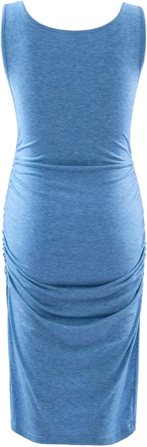 GINKANA Maternity Tank Dress Bodycon Sleeveless Casual Short Ruched Midi Fitted Dress for Pregnant Women