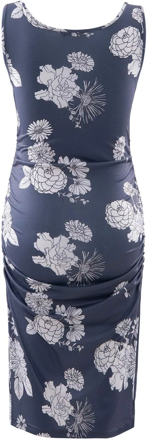 GINKANA Maternity Tank Dress Bodycon Sleeveless Casual Short Ruched Midi Fitted Dress for Pregnant Women