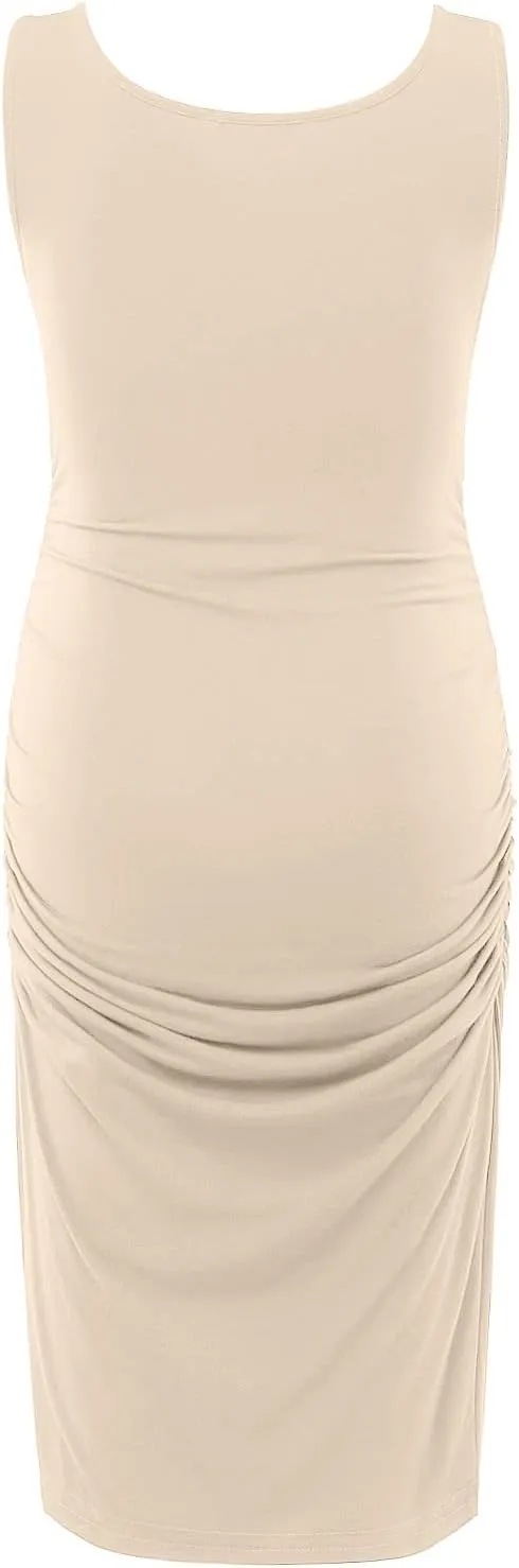 GINKANA Maternity Tank Dress Bodycon Sleeveless Casual Short Ruched Midi Fitted Dress for Pregnant Women