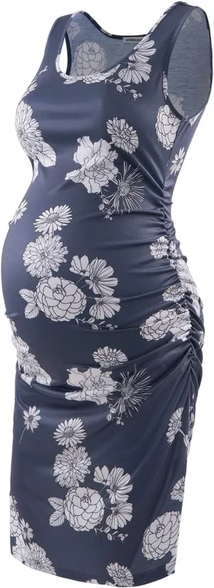 GINKANA Maternity Tank Dress Bodycon Sleeveless Casual Short Ruched Midi Fitted Dress for Pregnant Women
