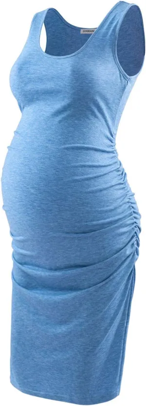 GINKANA Maternity Tank Dress Bodycon Sleeveless Casual Short Ruched Midi Fitted Dress for Pregnant Women