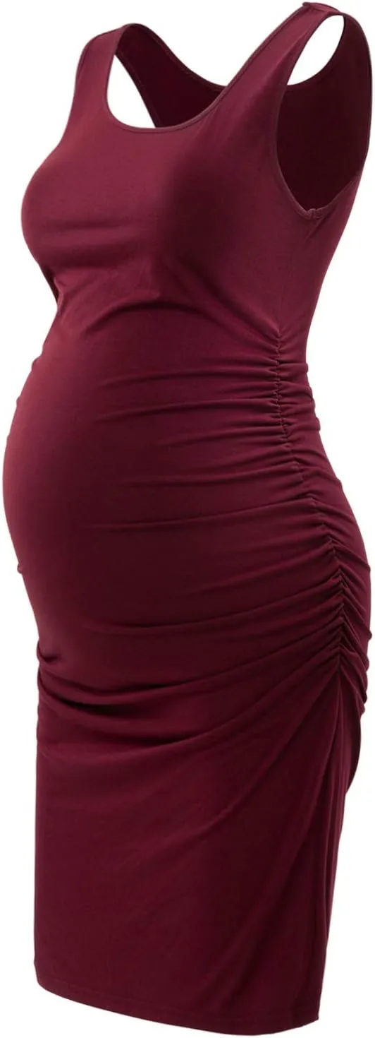 GINKANA Maternity Tank Dress Bodycon Sleeveless Casual Short Ruched Midi Fitted Dress for Pregnant Women
