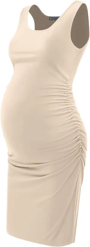 GINKANA Maternity Tank Dress Bodycon Sleeveless Casual Short Ruched Midi Fitted Dress for Pregnant Women