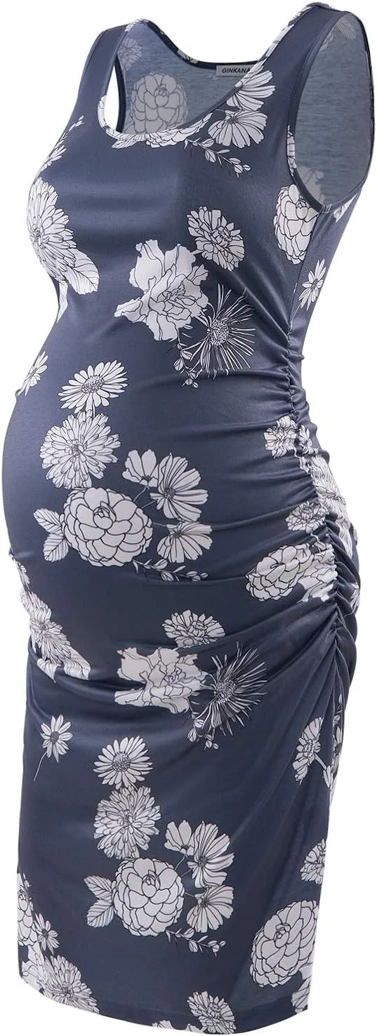 GINKANA Maternity Tank Dress Bodycon Sleeveless Casual Short Ruched Midi Fitted Dress for Pregnant Women