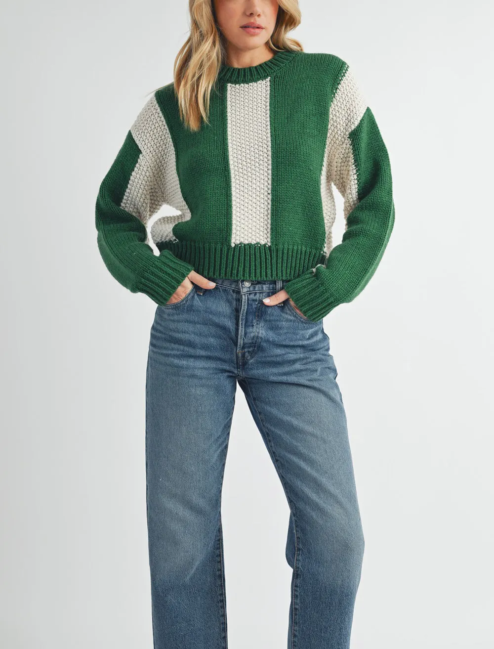 Green Stripe Crew Neck Sweater