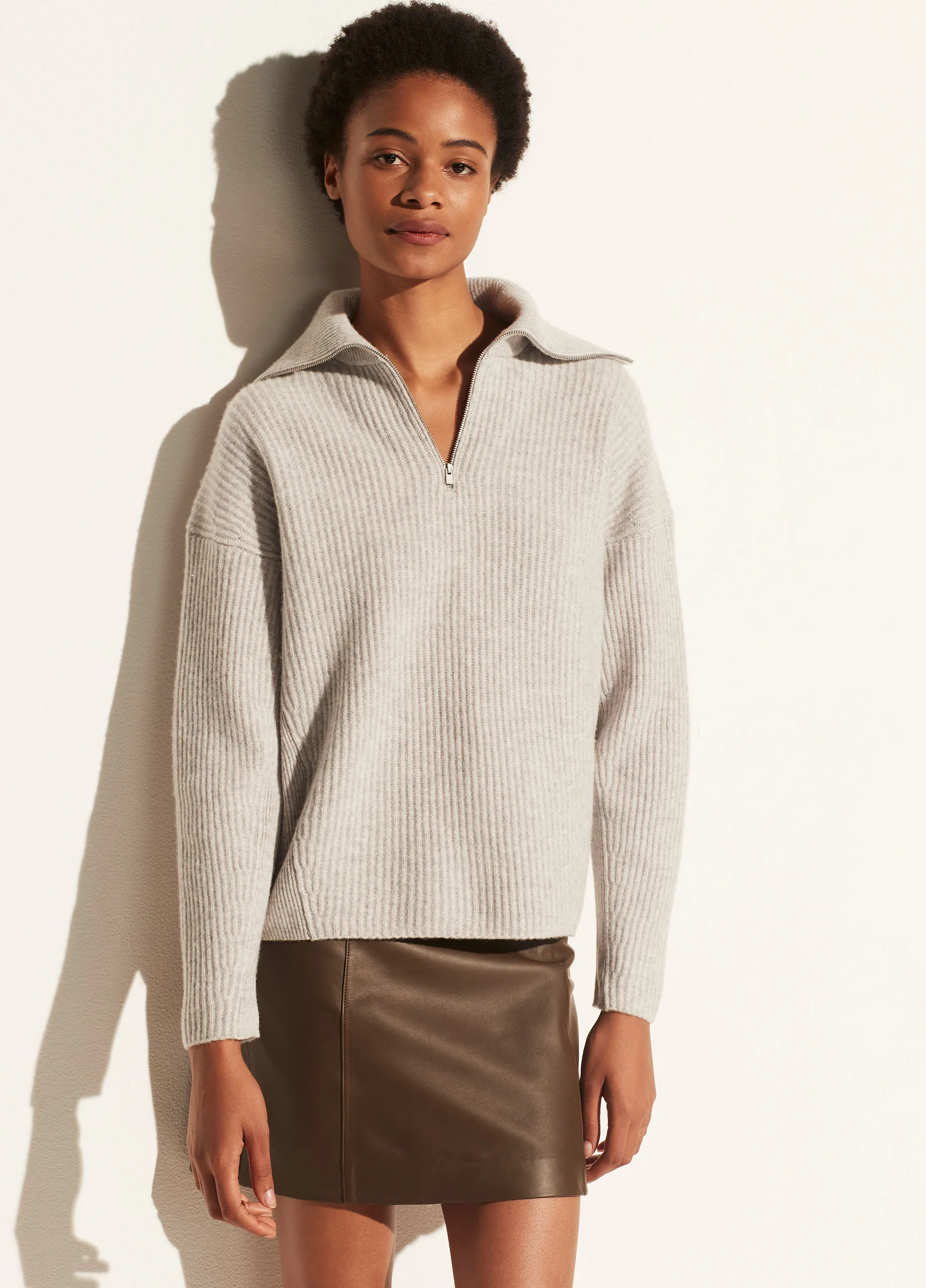 Half Zipped Ribbed Pullover in Heather Grey