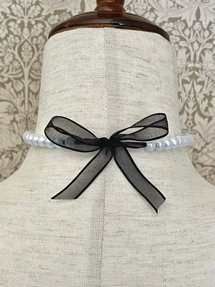 Handmade Historically Inspired Pearl Beaded Ribbon Choker Necklace in Black