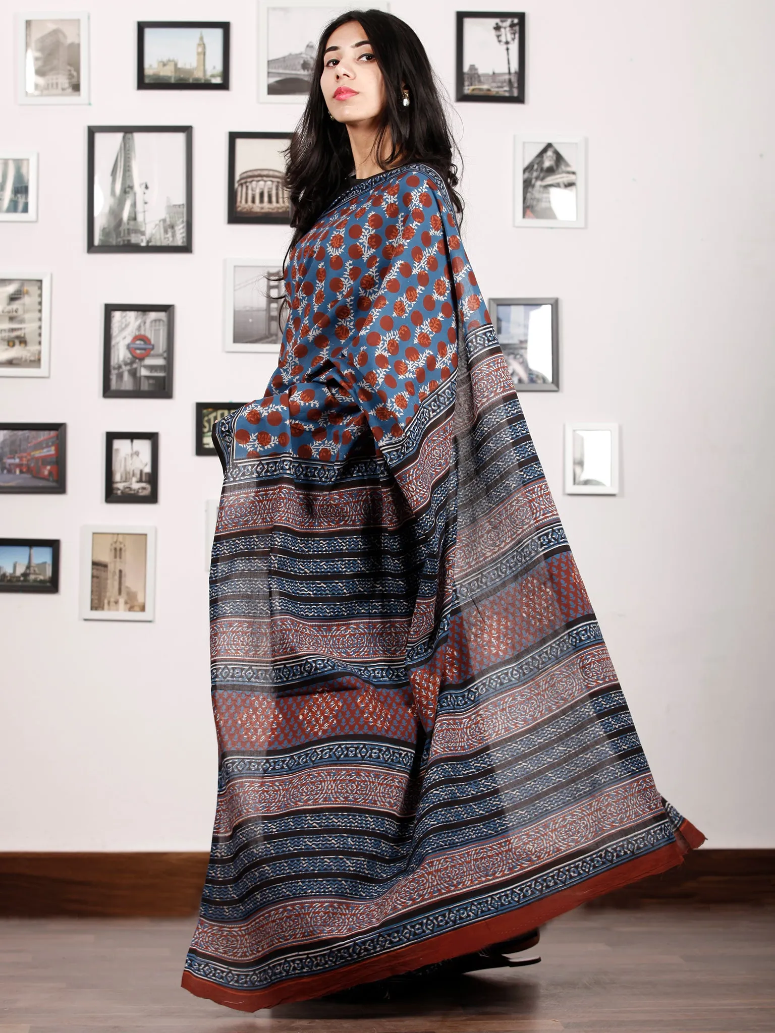 Indigo Rust Ivory Black Hand Block Printed Cotton Saree In Natural Colors - S031702920