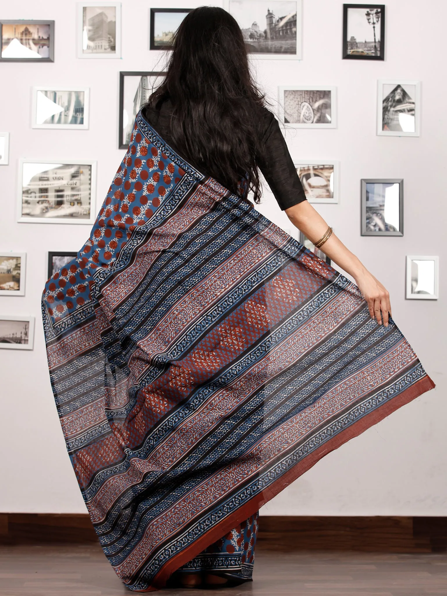 Indigo Rust Ivory Black Hand Block Printed Cotton Saree In Natural Colors - S031702920