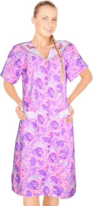 JEFFRICO Womens Snap Front Housecoat Lounger Duster House Dress Short Sleeve Robe