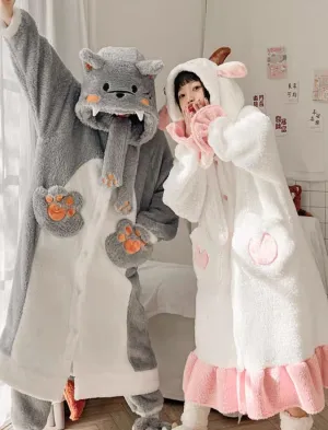 Little Sheep & Big Bad Wolf Ears Hooded Nightgown Long Bathrobe Pants Couple Pajamas Set