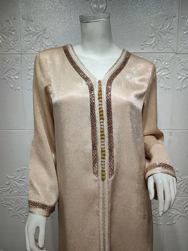 Long Sleeves Loose Muslim Rhine Stones V-Neck Maxi Dresses Robes